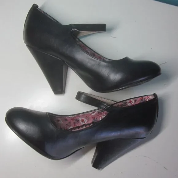 Bettie Page Shoes by Ellie Women Size 7 Black Leather Mary Jane Strap 3.5" Heels - Picture 10 of 15